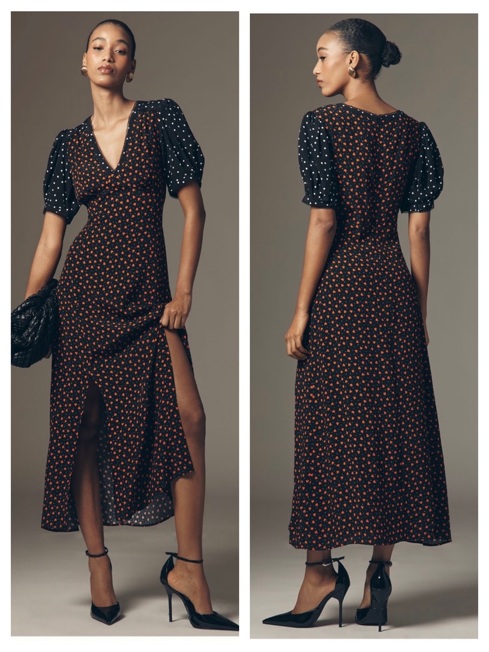 Anthropologie Coquette Glam Maeve Heart Print Slit Maxi Dress NWT XL Black Flowy